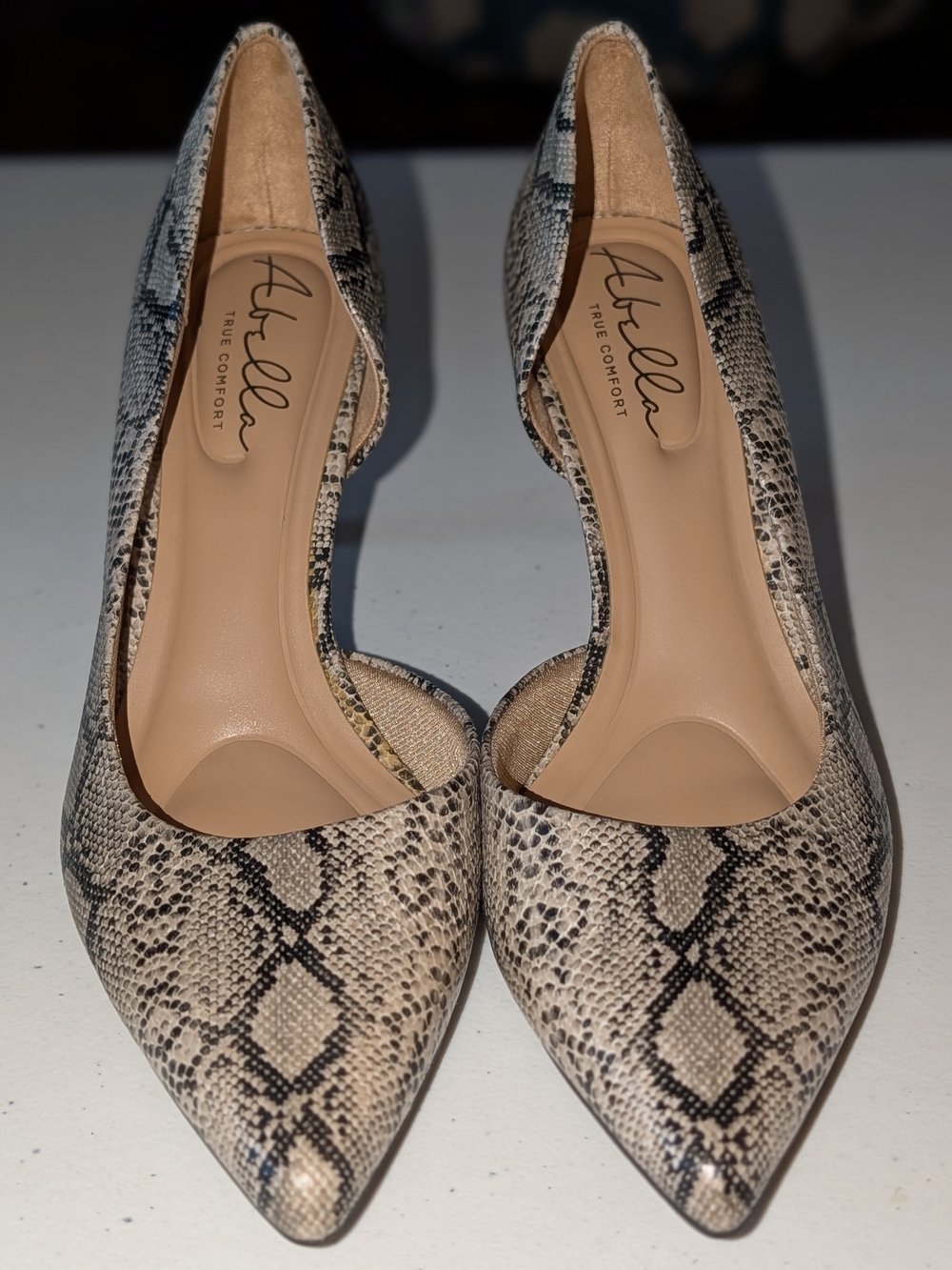 Abella Snake-Print Pointed-Toe Heels in Beige and Black